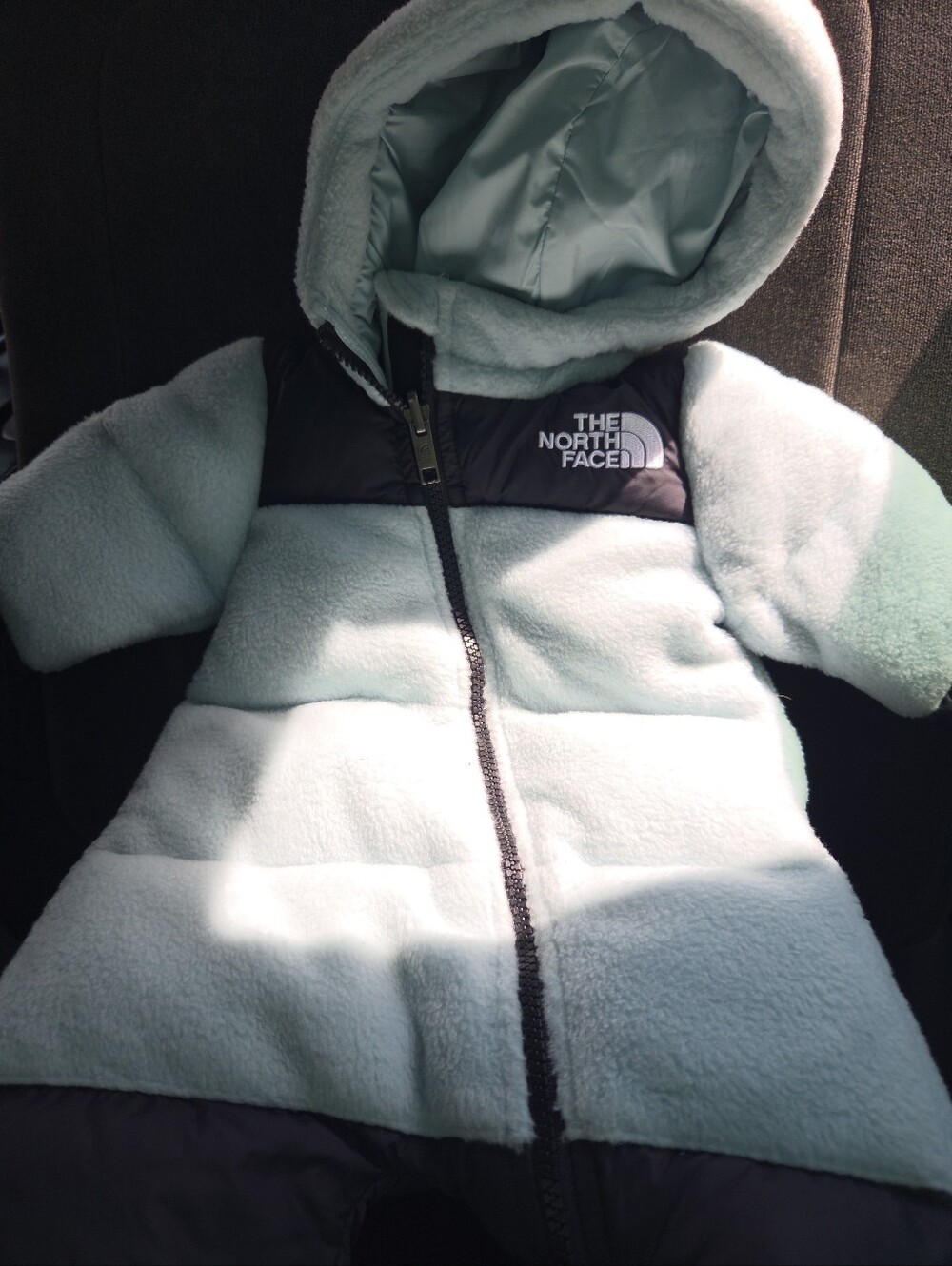 The North Face Infant Hooded Puffer Snowsuit in Light Mint and Black